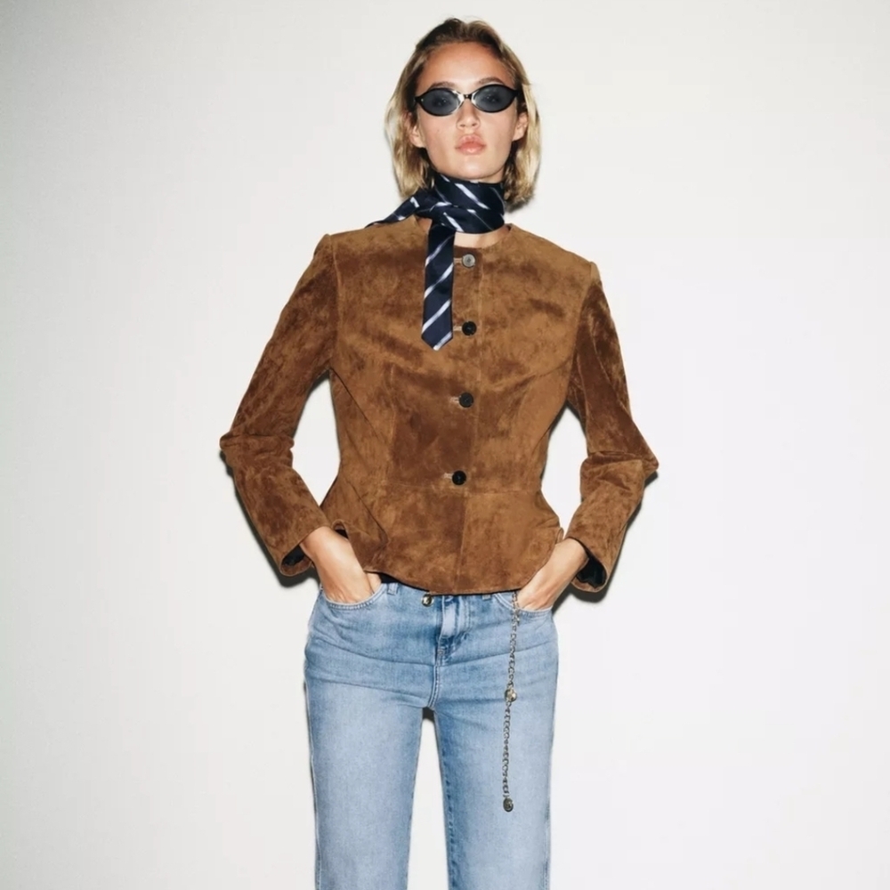 NWT ZARA BROWN SUEDE PEPLUM HEM JACKET